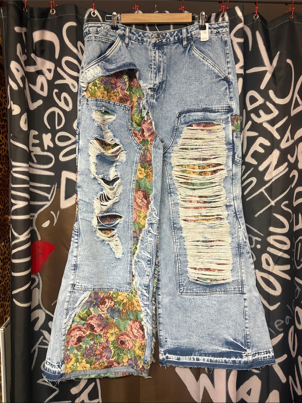 AKIRA Light Blue Distressed Flare Jeans with Floral Patchwork